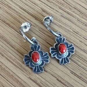 Vintage Don Lucas Sterling Silver Floral Drop Earrings with Red Coral Stone